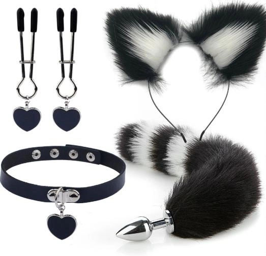 White and Black Fox Cosplay 3 PCS Set Hair Clip Furry Anal Tail Plug Fox Tailand Collar Choker Masquerade Halloween Costume Cosplay